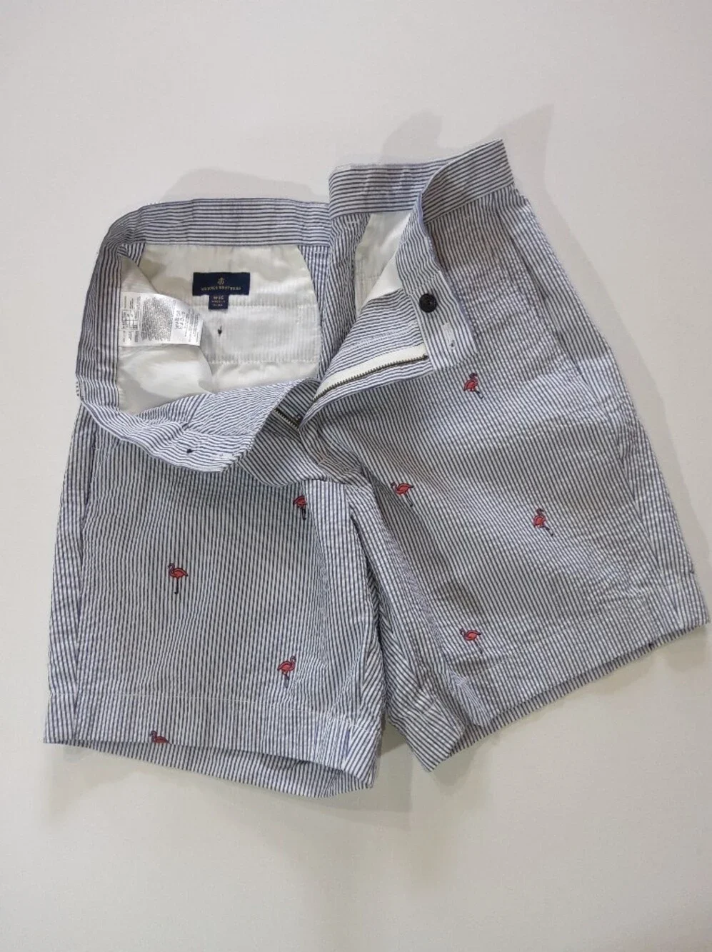Brooks Brothers Seersucker Shorts Mens 35 Blue White Flamingo Print Coastal Prep